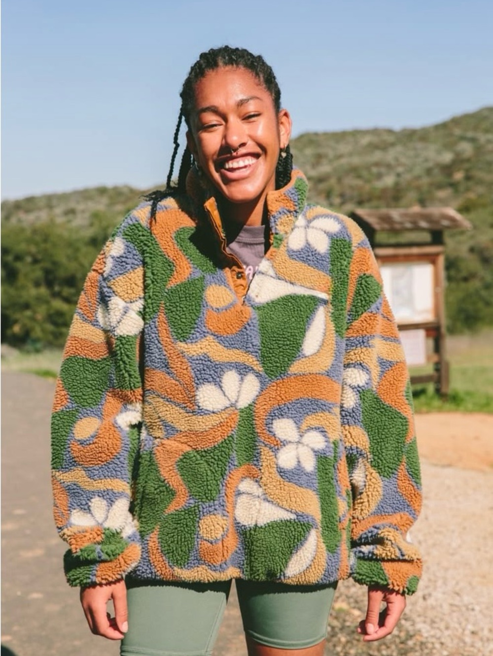 Parks project  Floral-Pattern Sherpa Pullover - Green & Tan